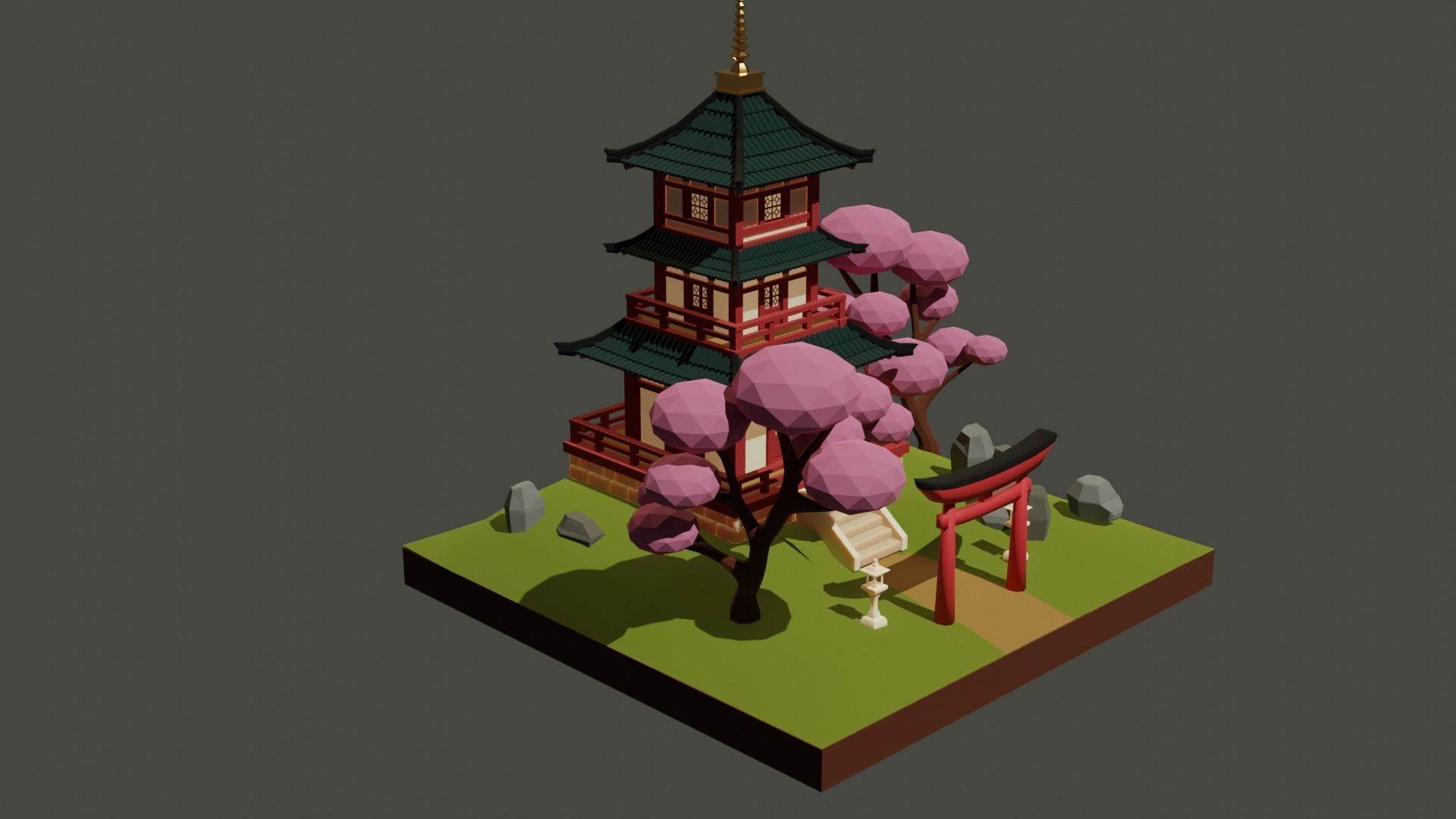 Japanese Temple Low-poly 3D model_3