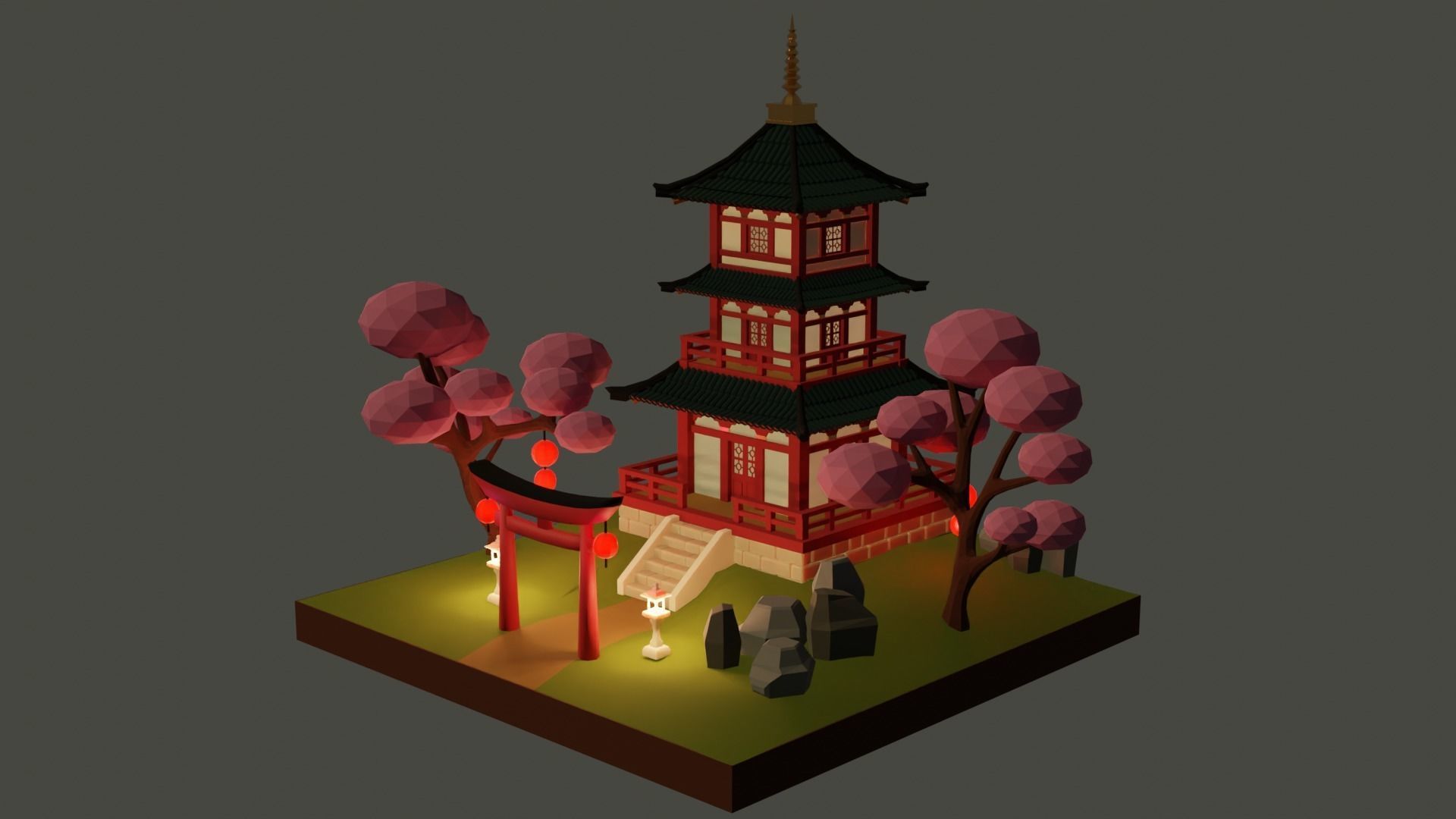 Japanese Temple Low-poly 3D model_7