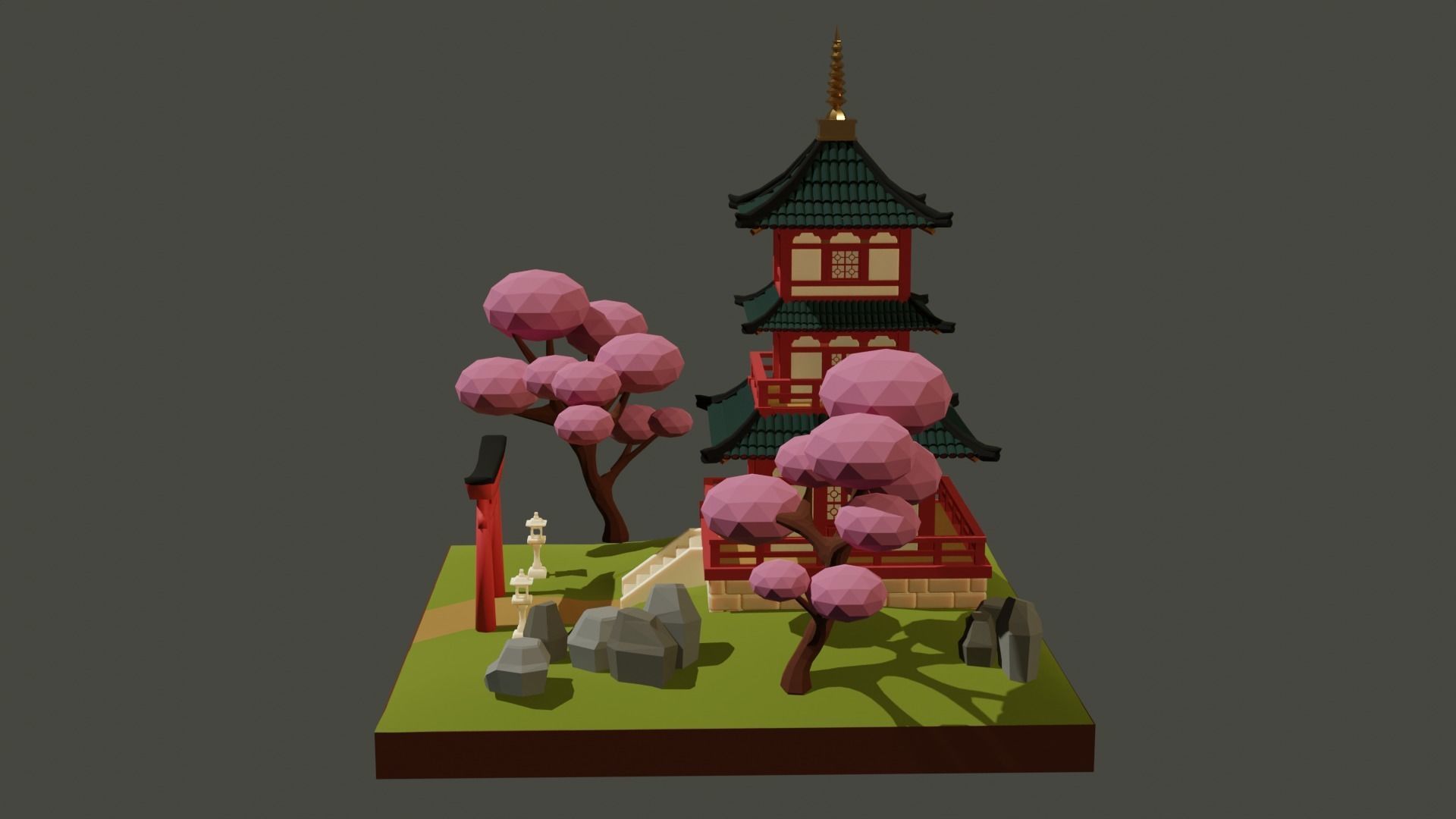 Japanese Temple Low-poly 3D model_4