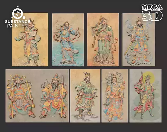 Chinese Temple Walls - Mural Bas relief Colored - 230909 Low-poly 3D model