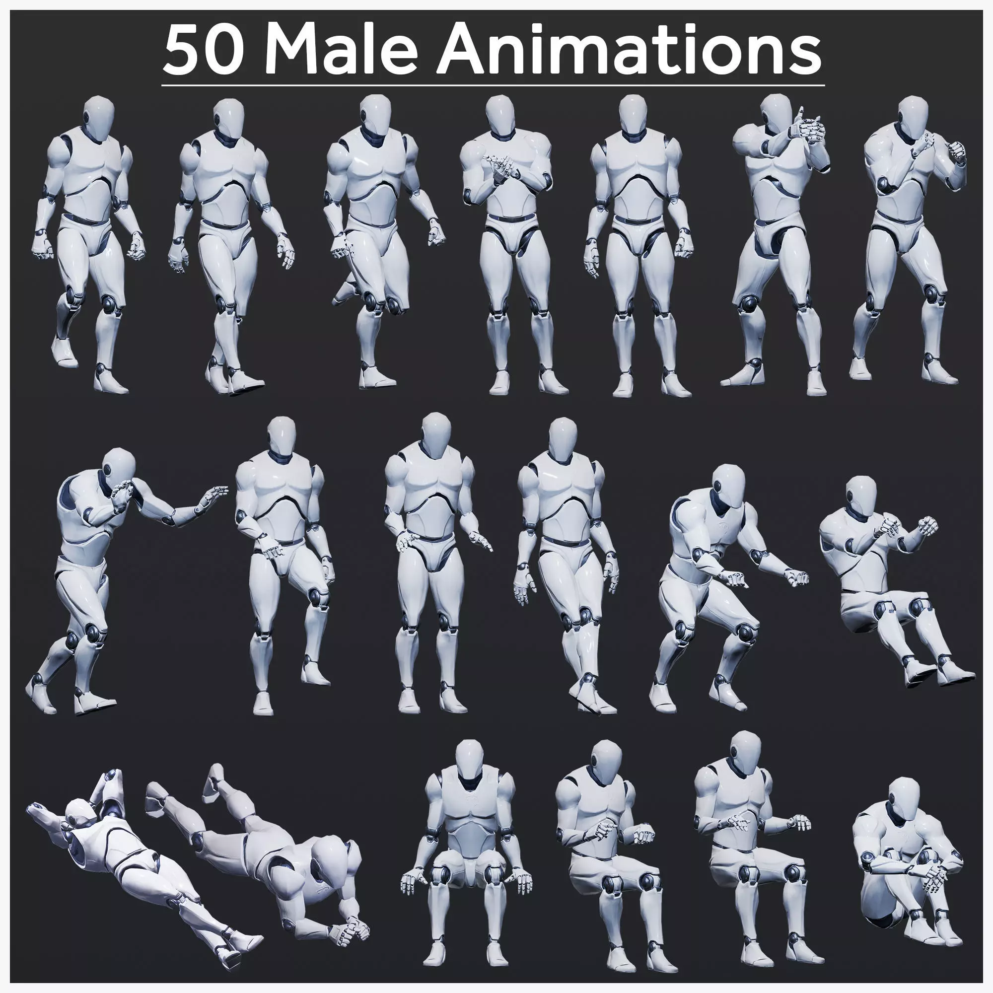 50 Male Animations Low-poly 3D model
