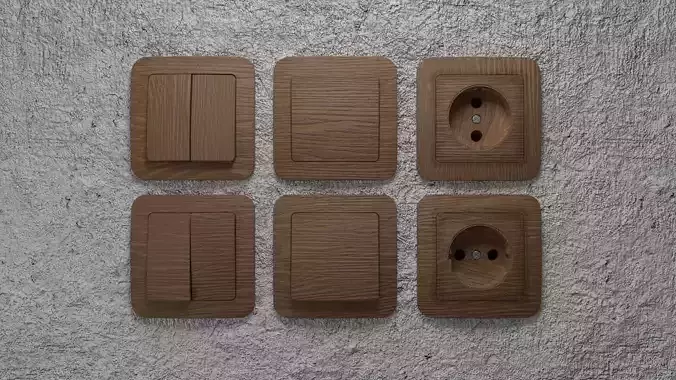 Wooden sockets and light switch 6 objects collection