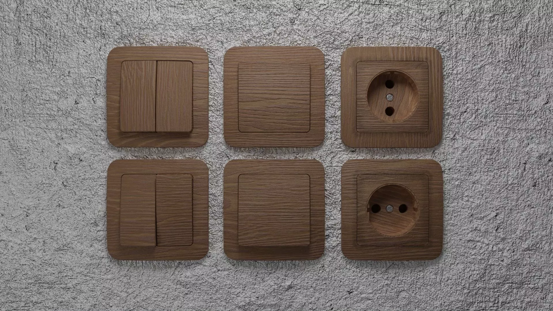 Wooden sockets and light switch 6 objects collection Low-poly 3D model
