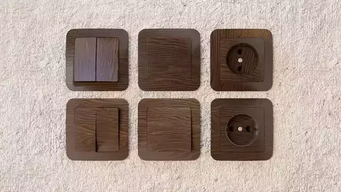Dark wooden sockets and light switch 6 objects collection Low-poly 3D model