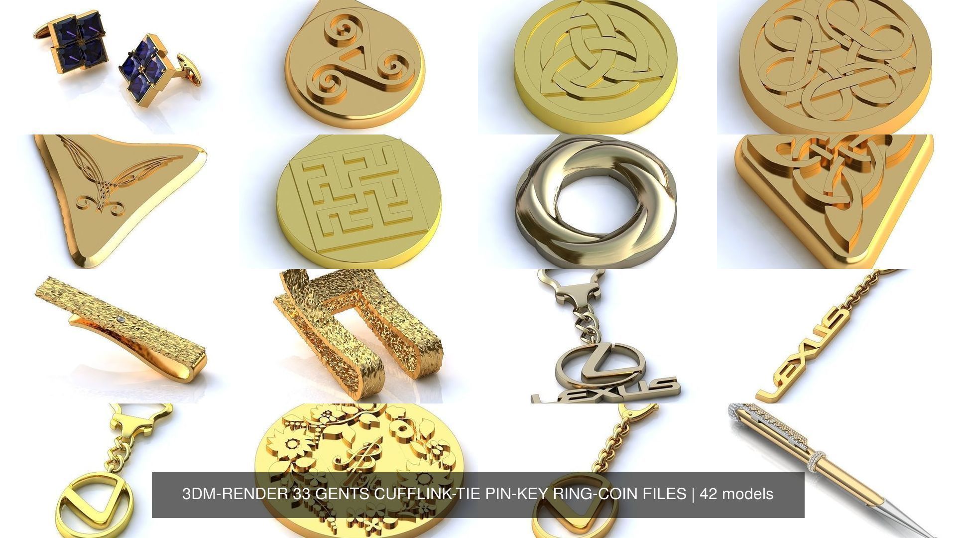 3DM-RENDER 42 GENTS CUFFLINK-TIE PIN-KEY RING-COIN FILES 3D Model Collection_2
