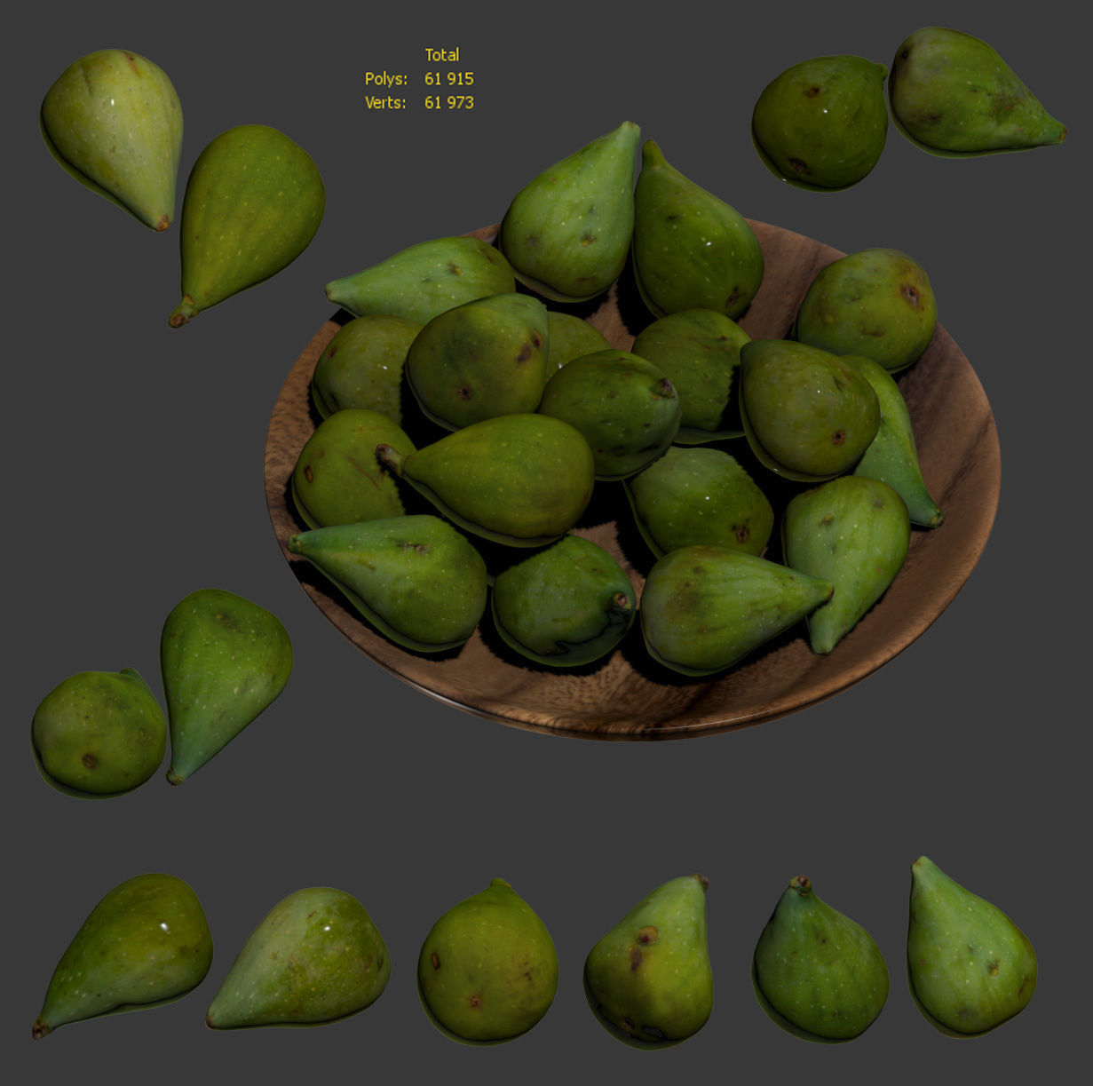 Green figs in a wooden bowl 3D model_4