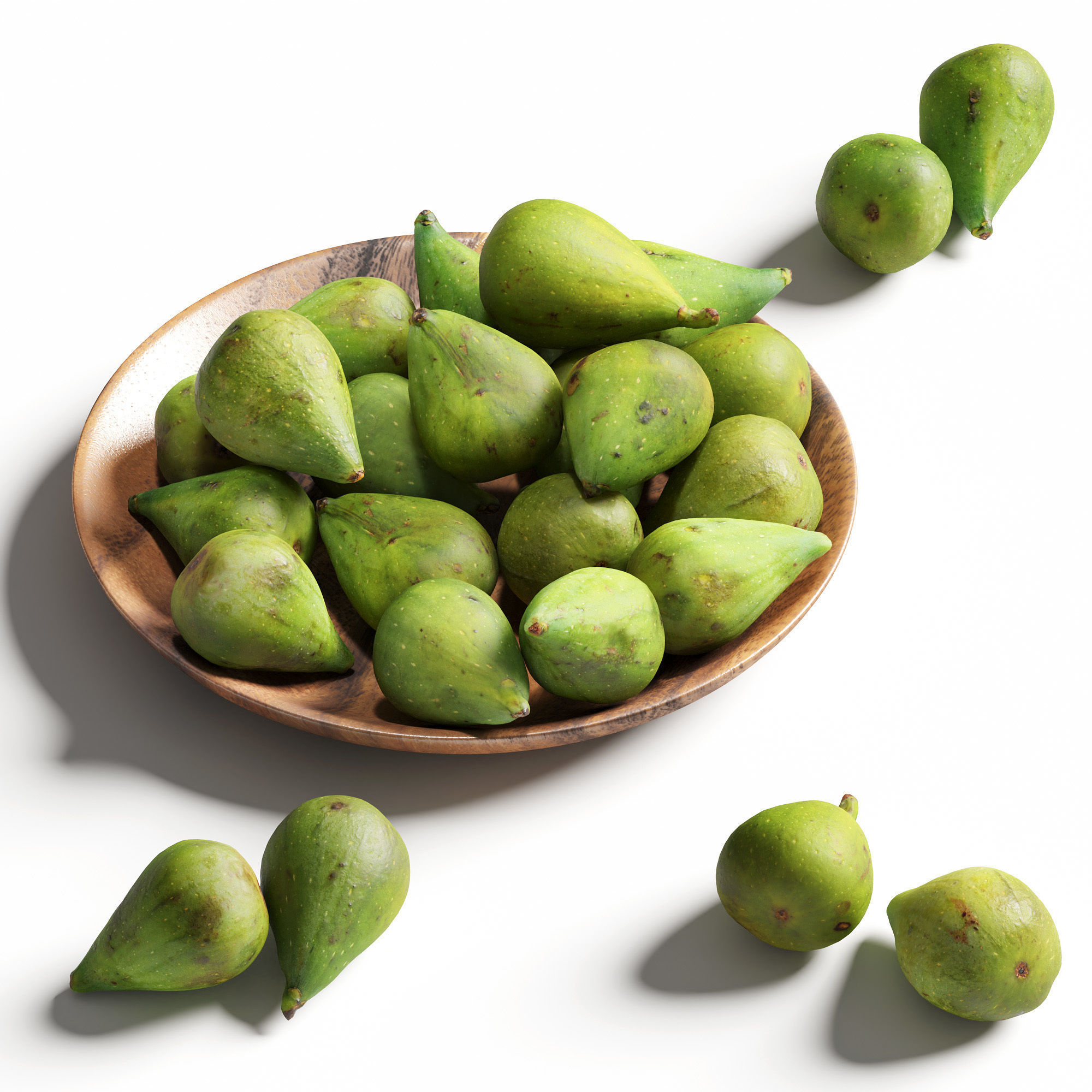 Green figs in a wooden bowl 3D model_1