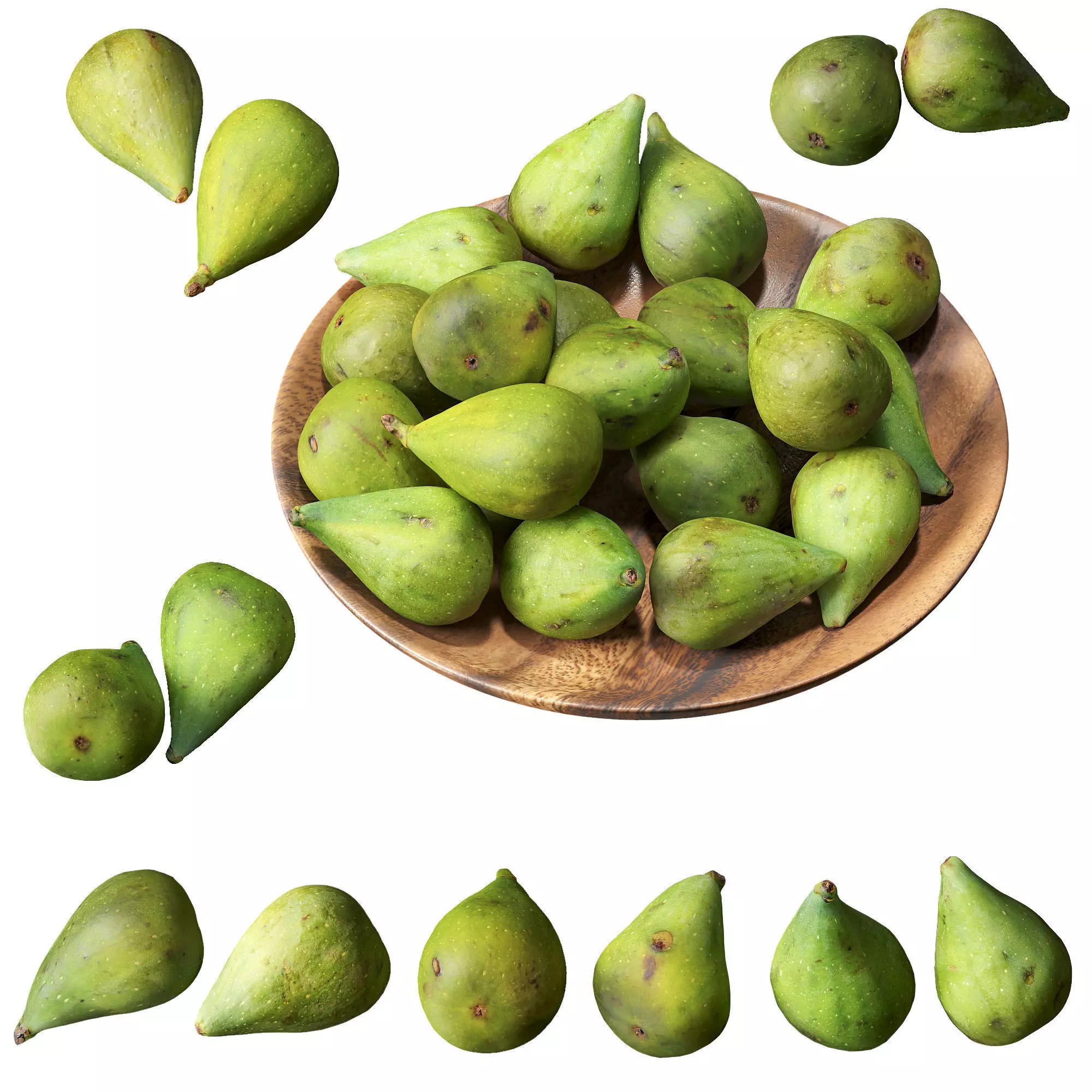 Green figs in a wooden bowl 3D model_0