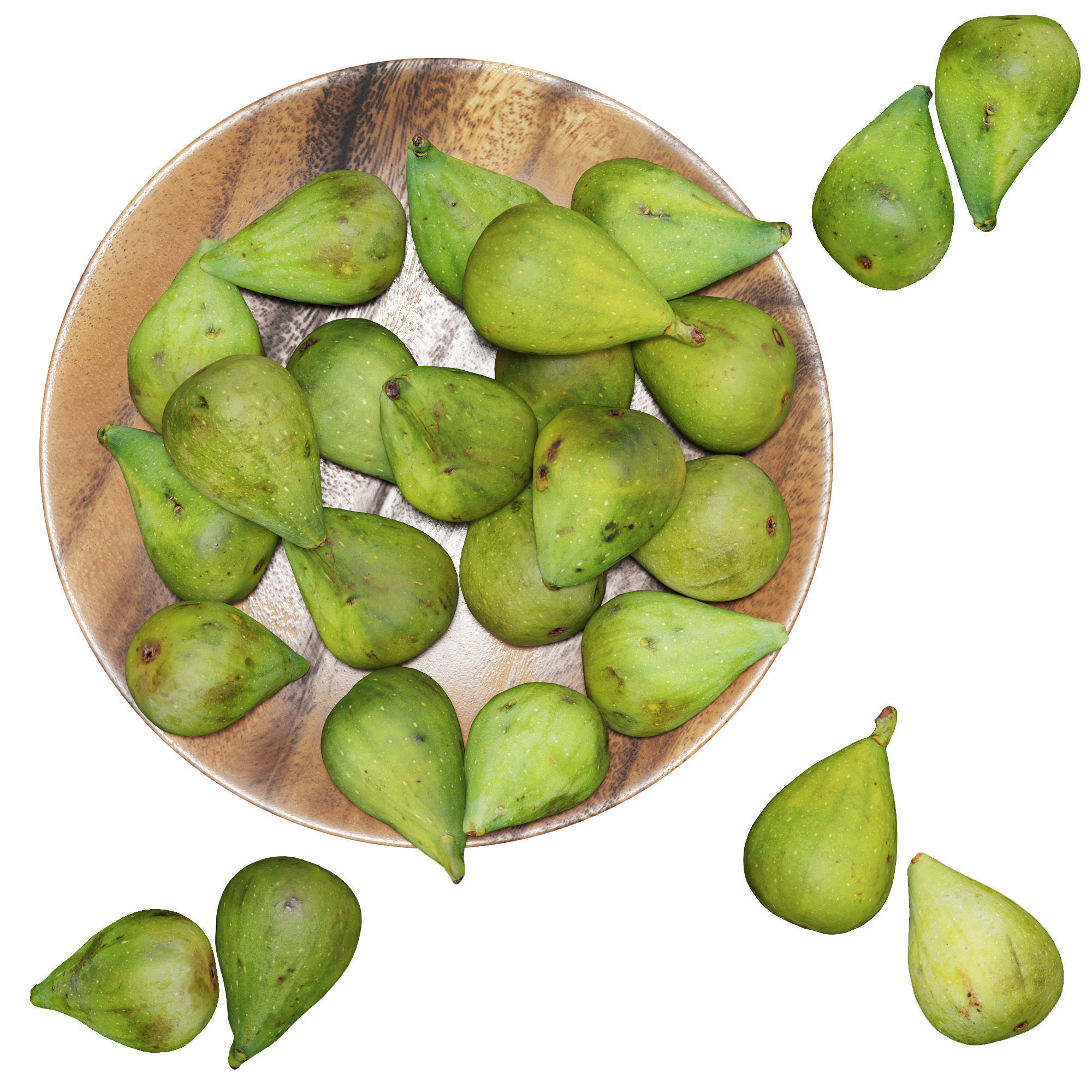 Green figs in a wooden bowl 3D model_2