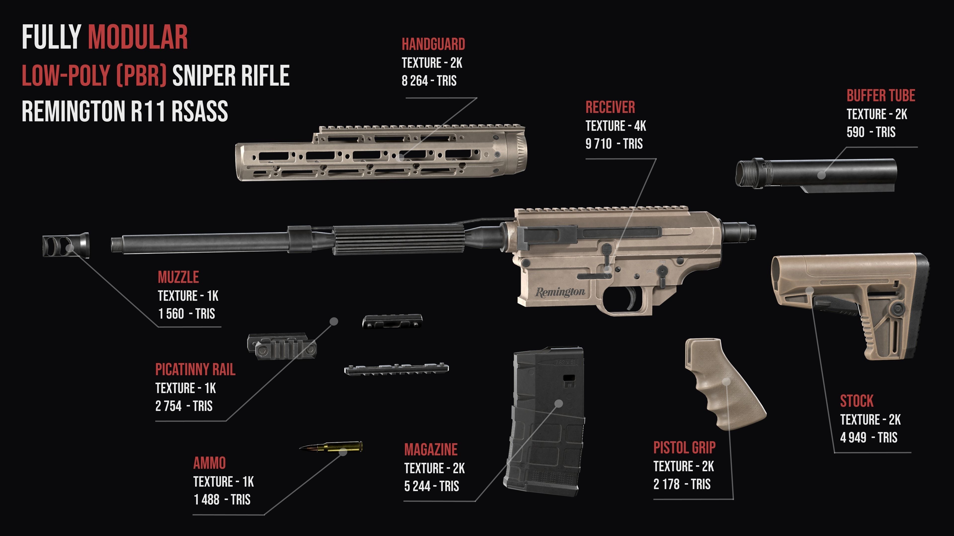 modular sniper rifle Remington R11 RSASS Low-poly 3D model_3