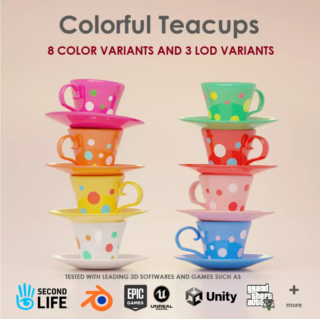 Colorful Teacups Pack of 8 Free low-poly 3D model