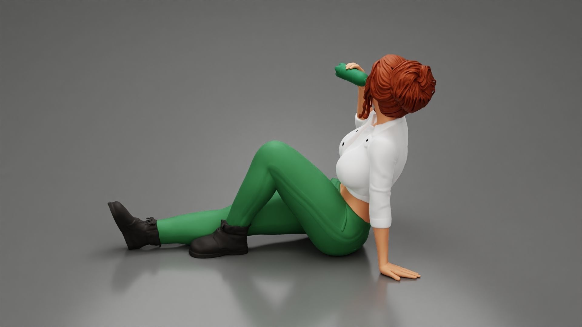 Tired woman mechanic sitting and drinking water 3D print model_3