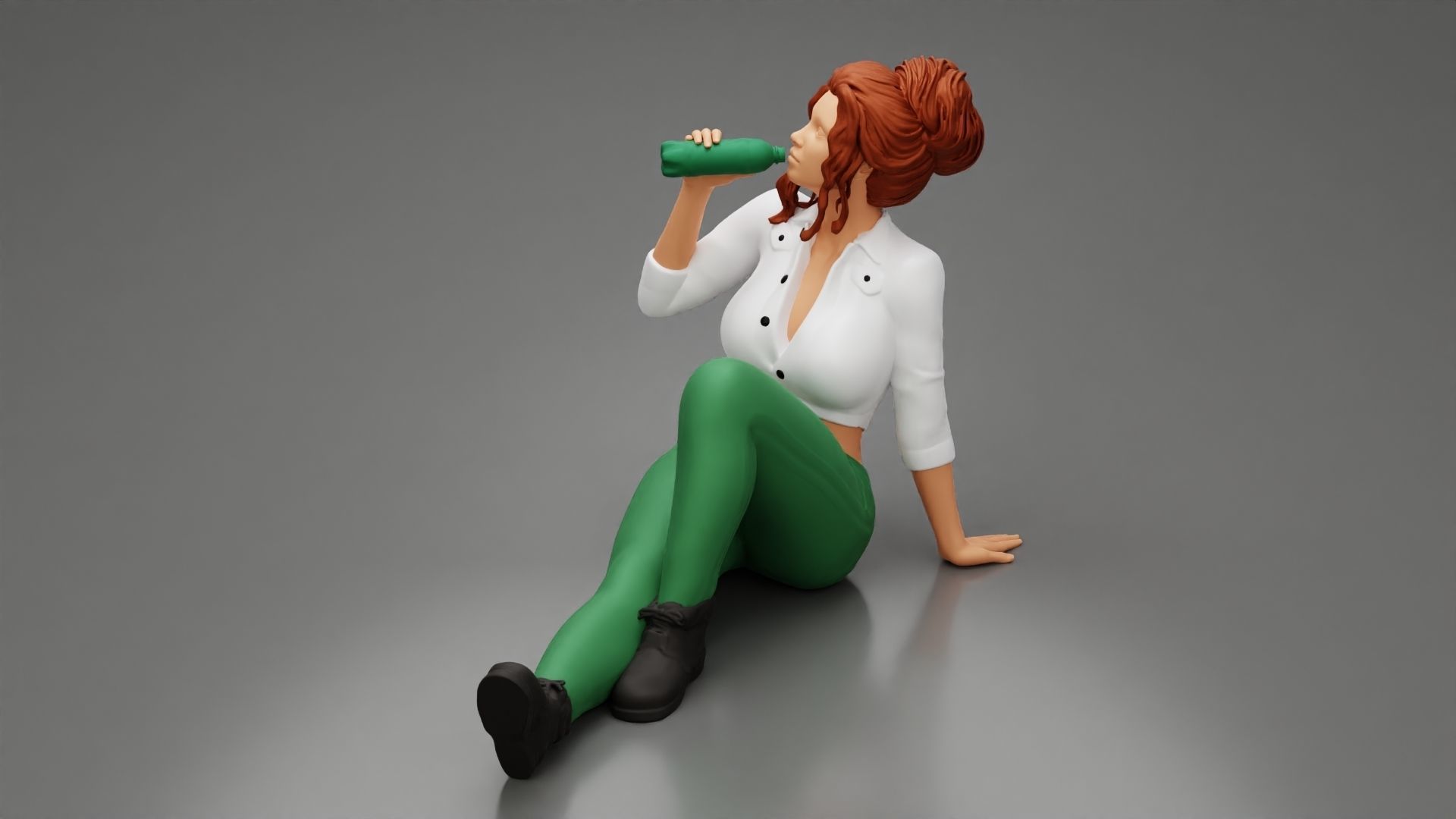 Tired woman mechanic sitting and drinking water 3D print model_4