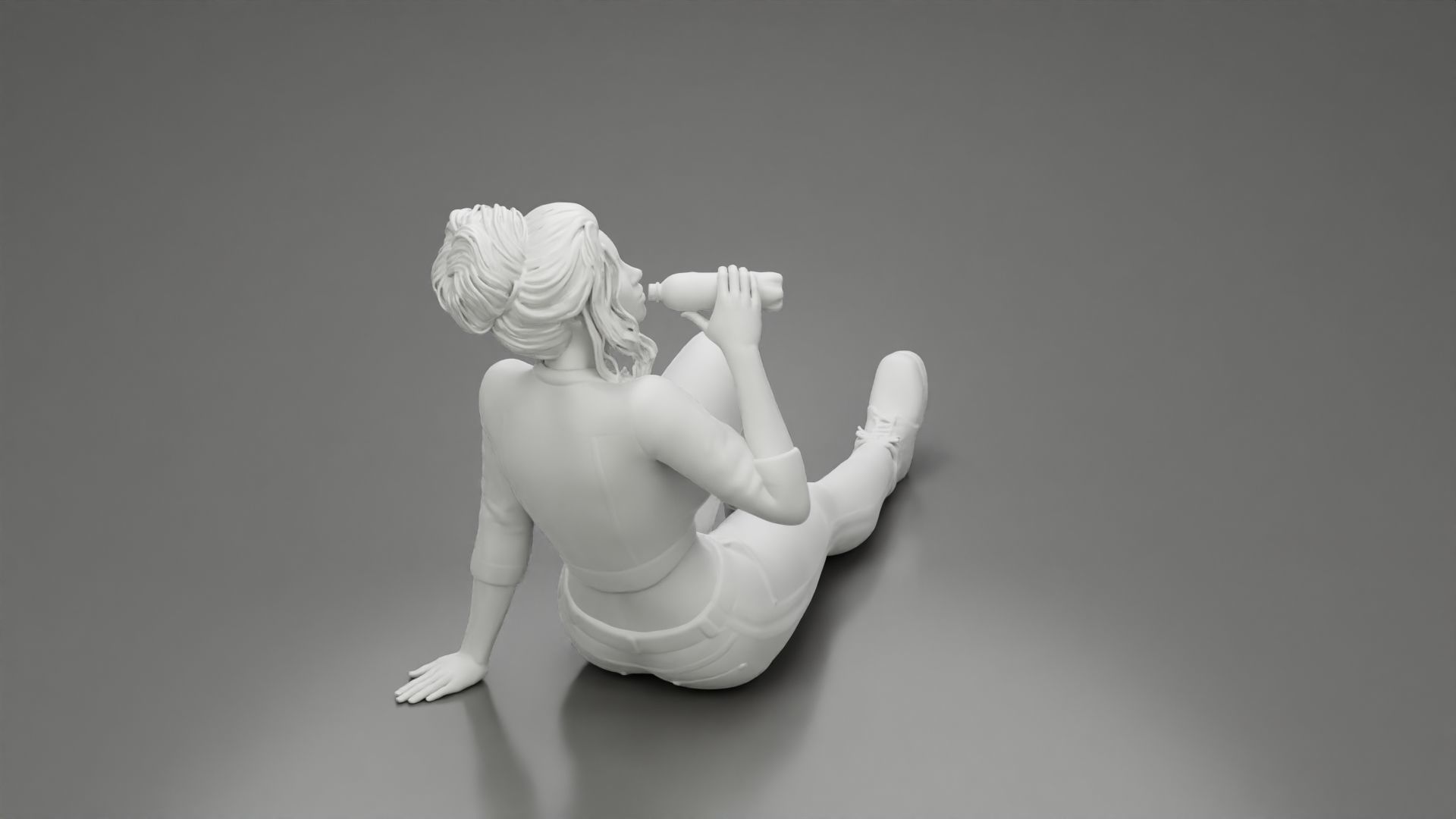 Tired woman mechanic sitting and drinking water 3D print model_7