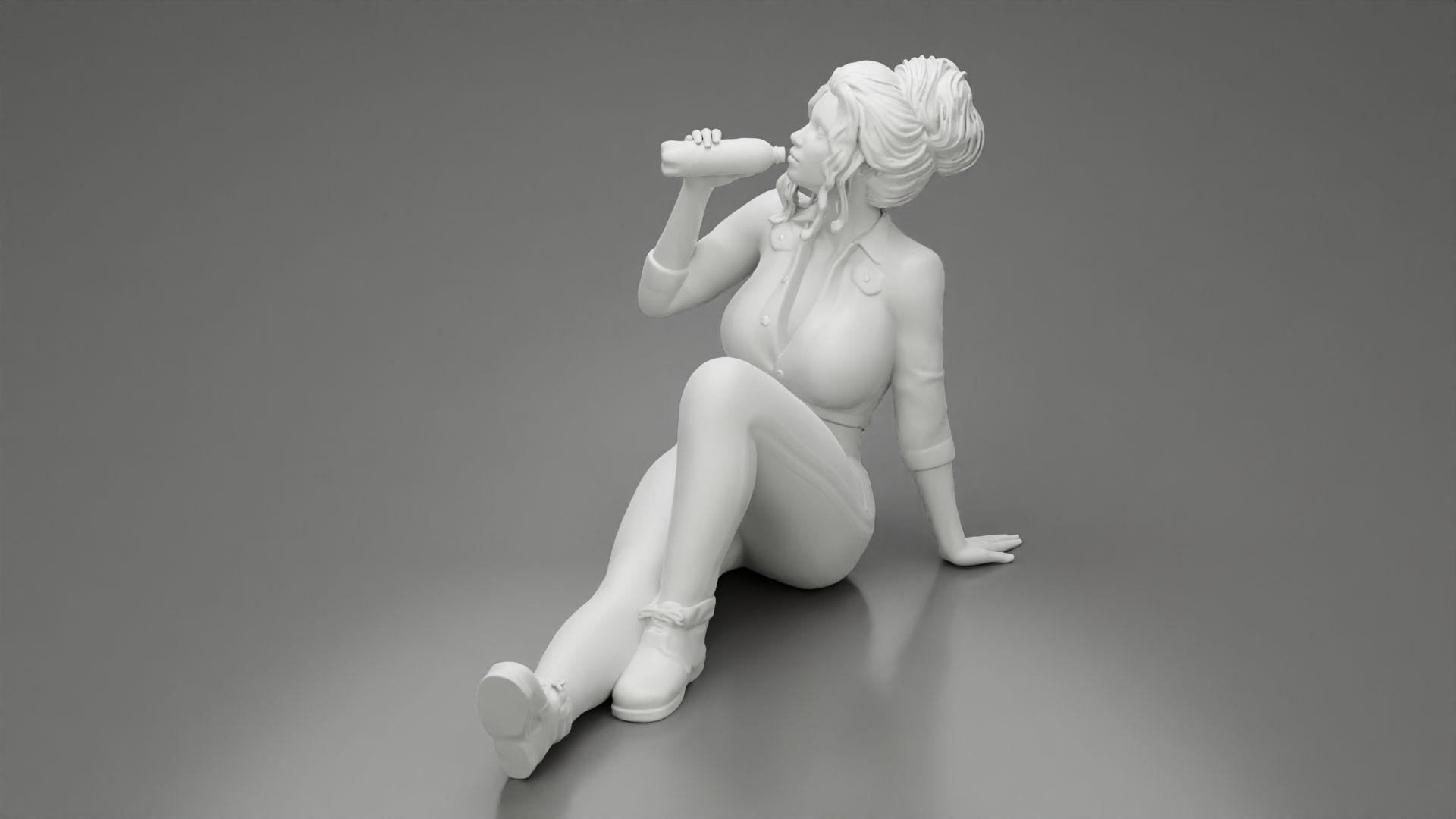 Tired woman mechanic sitting and drinking water 3D print model_10