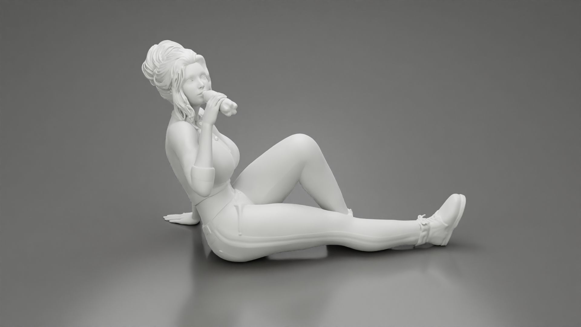 Tired woman mechanic sitting and drinking water 3D print model_6