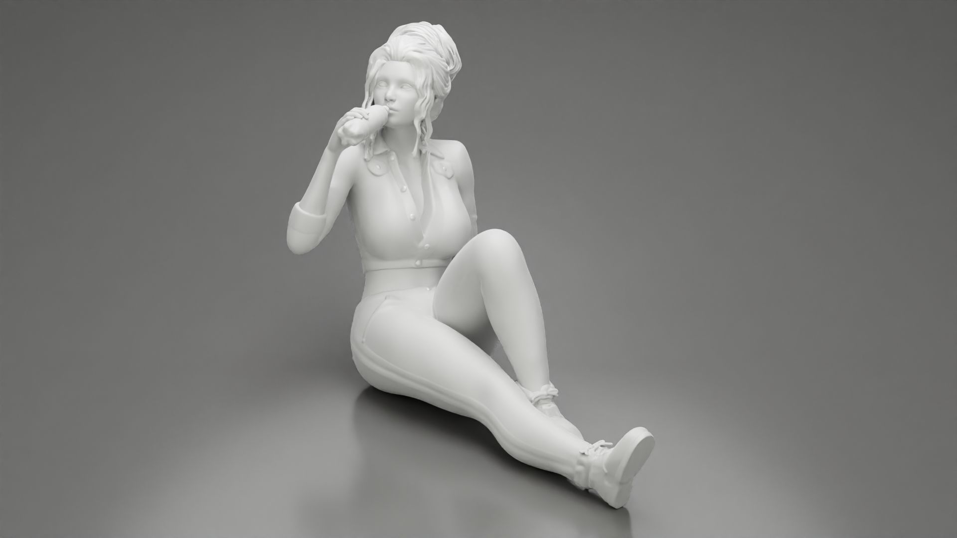Tired woman mechanic sitting and drinking water 3D print model_11