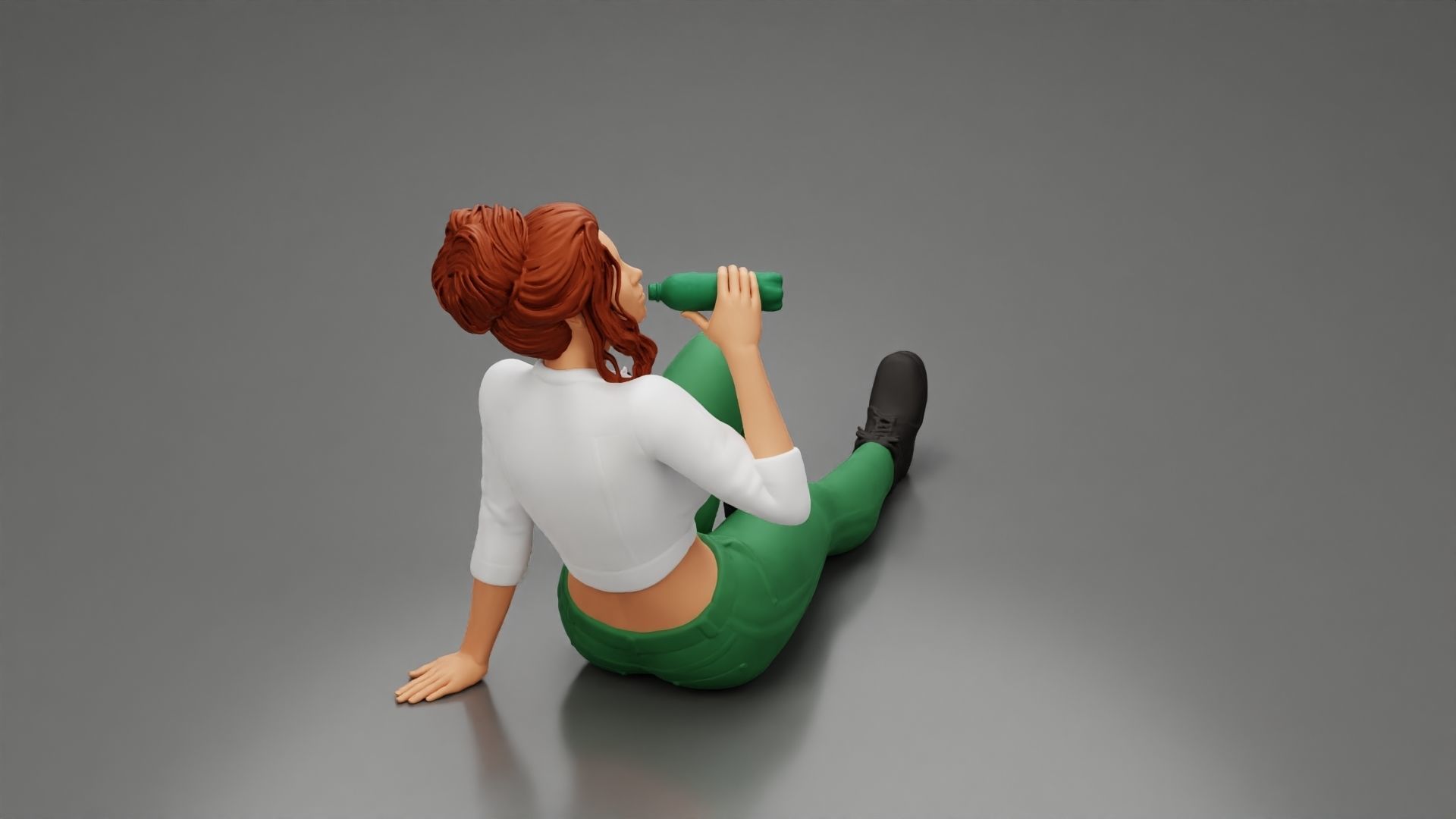 Tired woman mechanic sitting and drinking water 3D print model_1