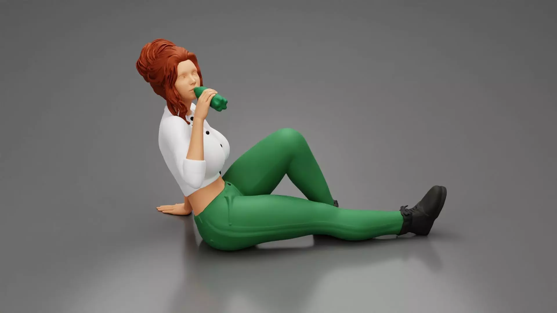 Tired woman mechanic sitting and drinking water 3D print model_0