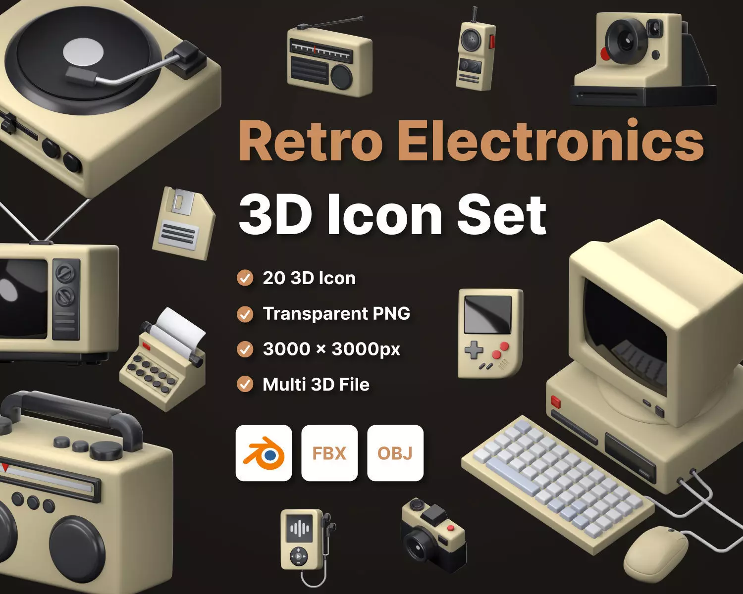 Retro Electronics 3D icon Set UX UI Web 3d rendering  3D model_0