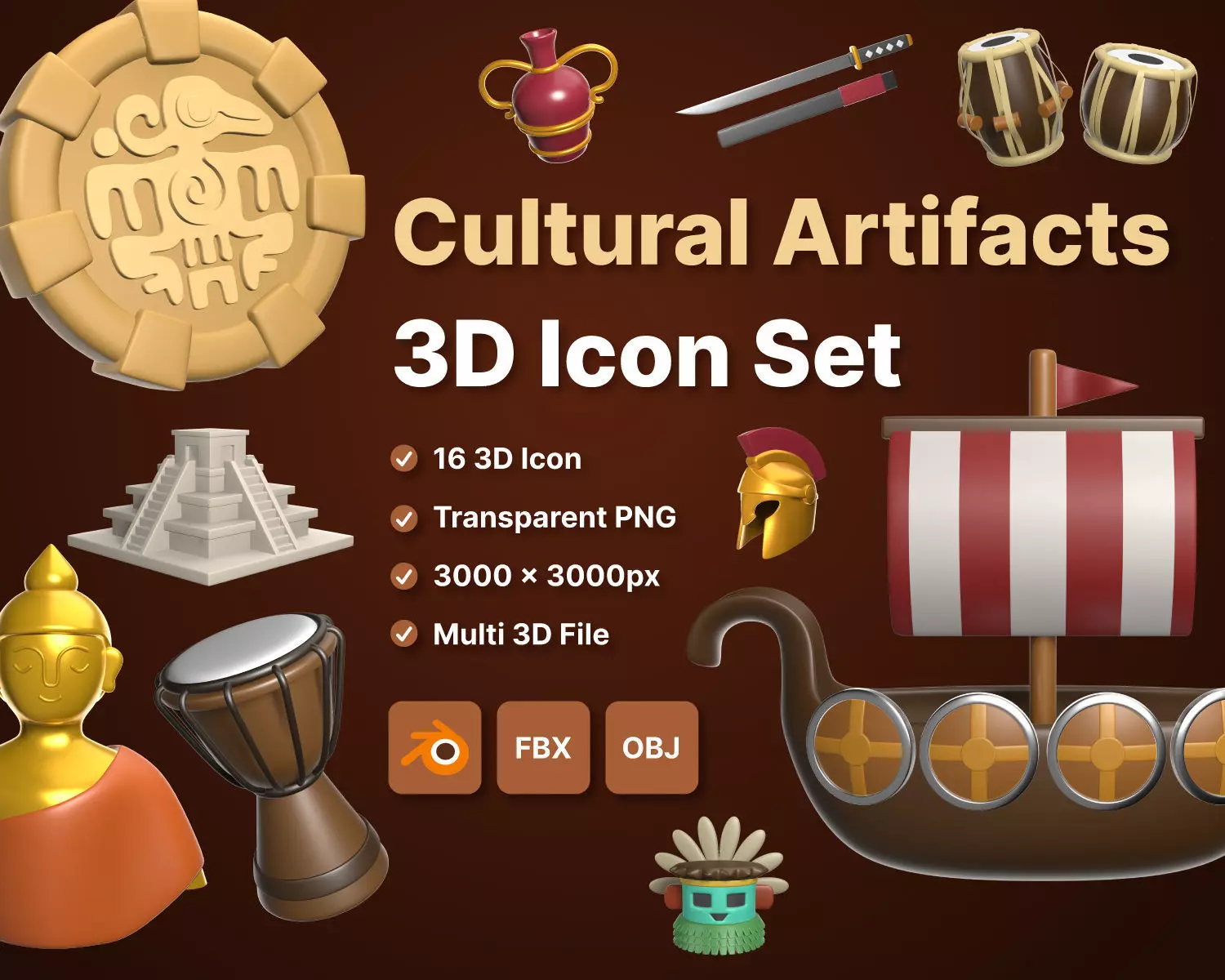 Cultural Artifacts 3D Icon Pack set for banner and UXUI design 3D model_0