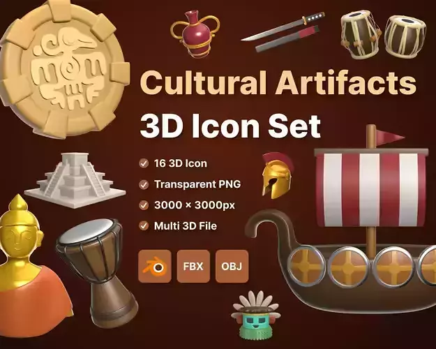 Cultural Artifacts 3D Icon Pack set for banner and UXUI design
