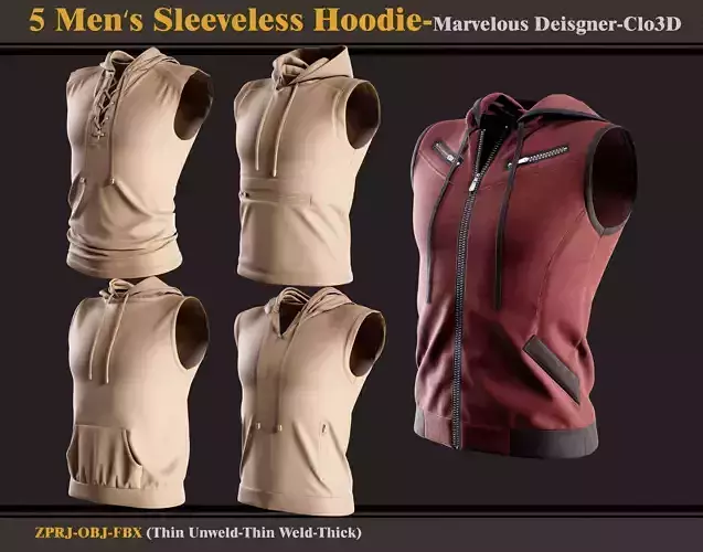 5 Men Sleeveless Hoodie-Marvelouse Designer-Clo3D-fbx-obj