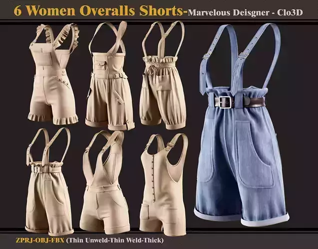 6 Women Overall Shorts-Marvelous Designer-Clo3D