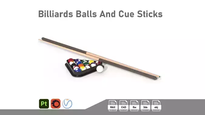 Billiards Balls And Cue Sticks Low-poly 3D model