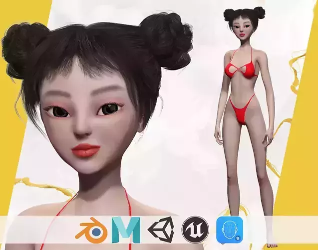 Asian Elegance girl Woman japanese korean Chinese Low-poly 3D model