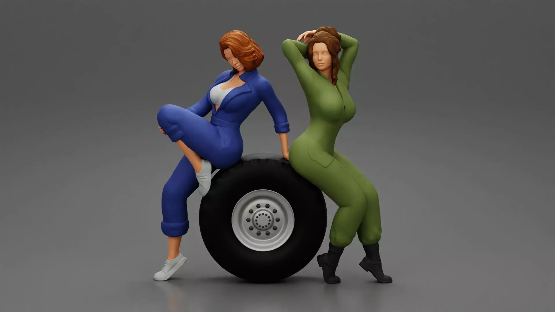 Two sexy girls in mechanic suits are sitting on a truck tire 3D print model