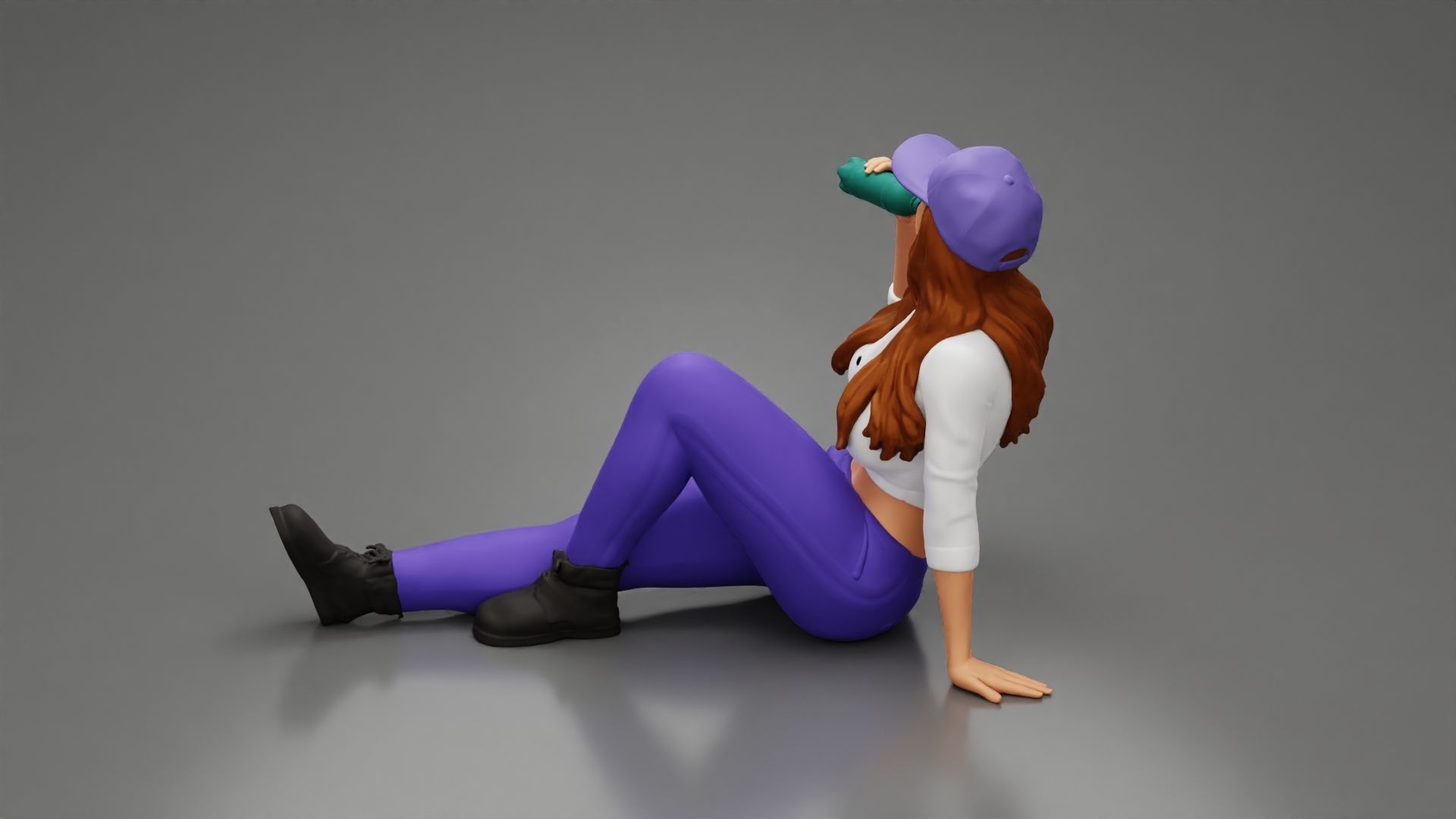 Tired woman mechanic in cap sitting and drinking water 3D print model_3