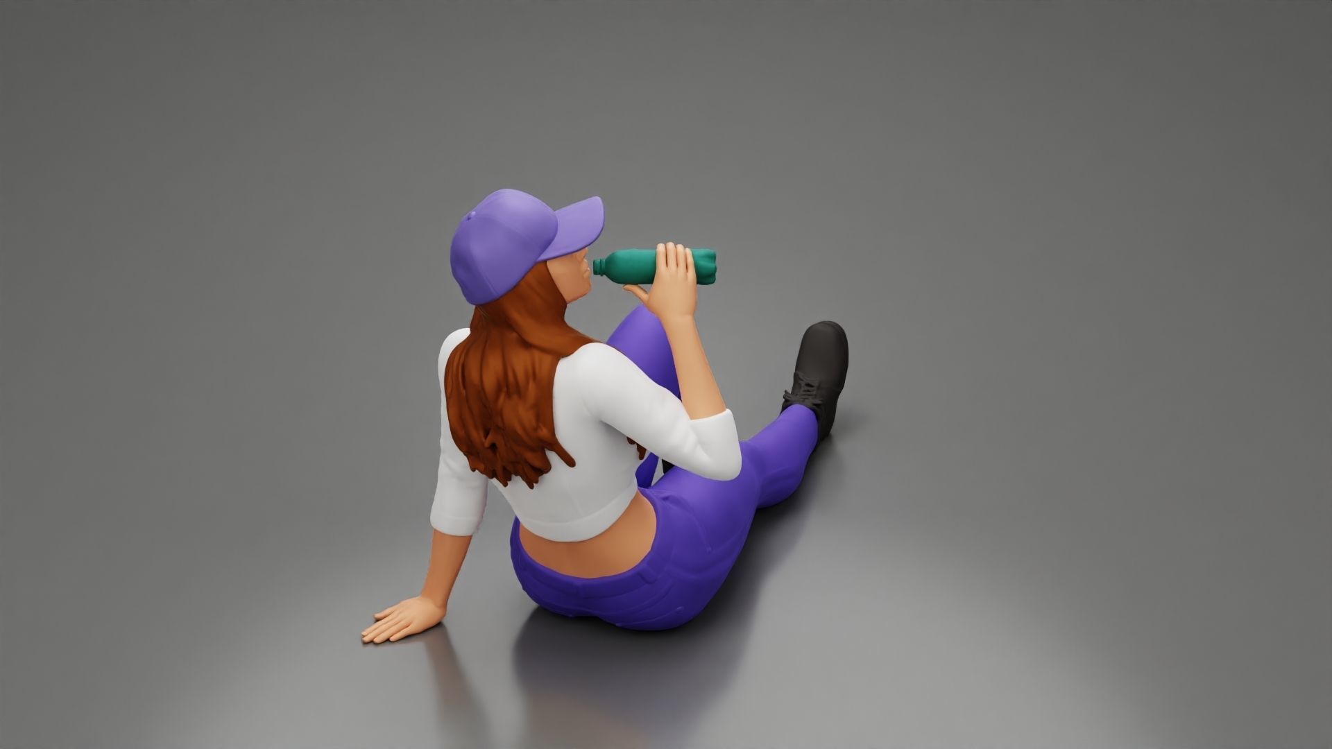 Tired woman mechanic in cap sitting and drinking water 3D print model_1