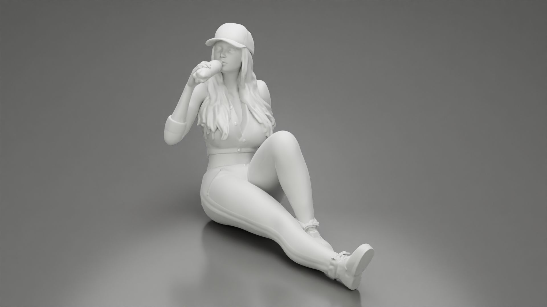 Tired woman mechanic in cap sitting and drinking water 3D print model_11