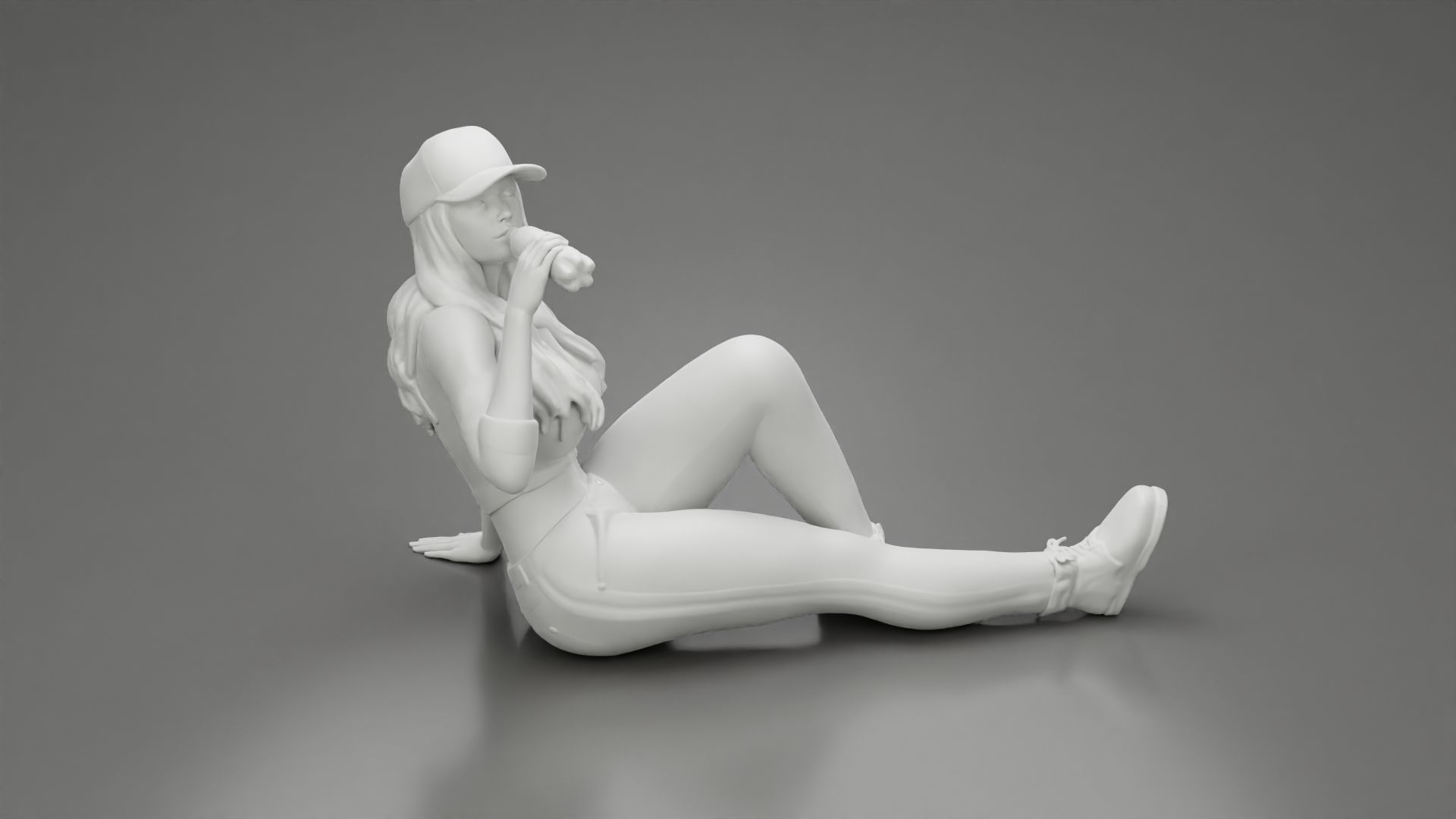 Tired woman mechanic in cap sitting and drinking water 3D print model_6