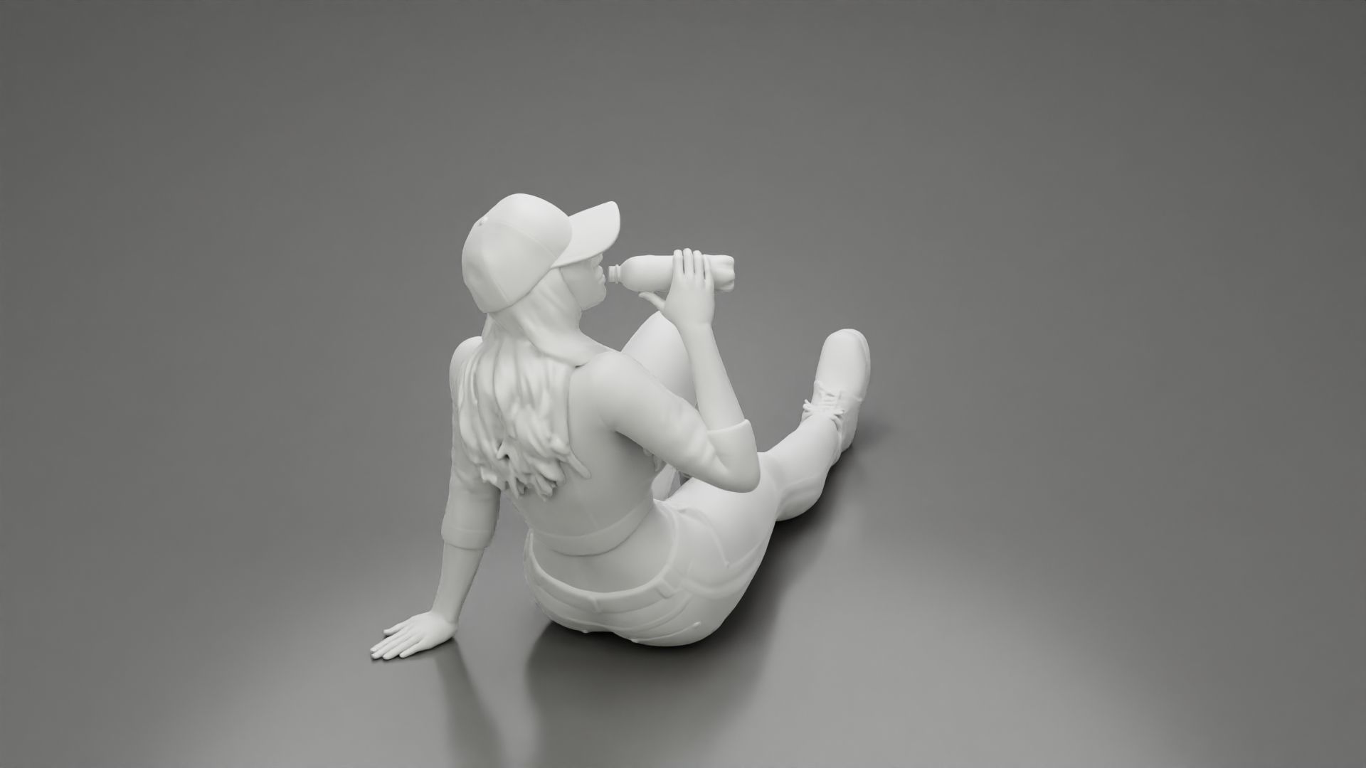 Tired woman mechanic in cap sitting and drinking water 3D print model_7