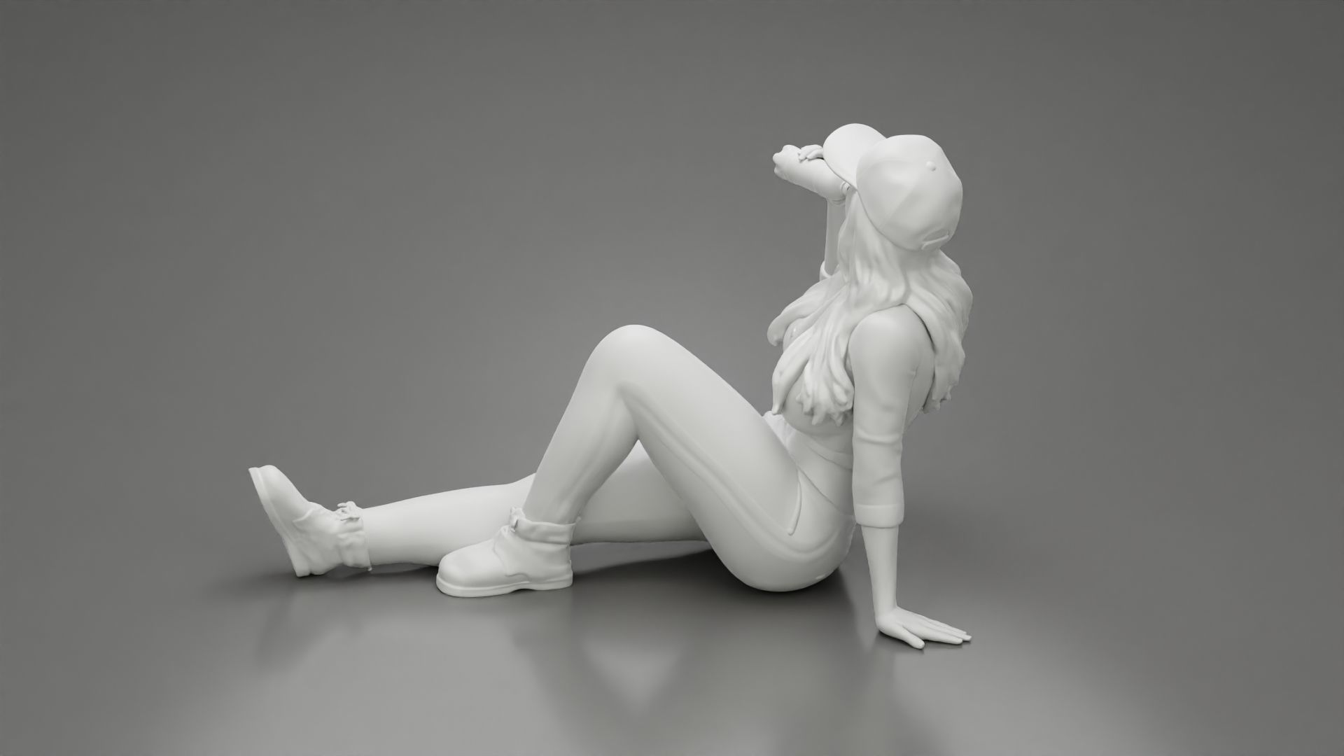 Tired woman mechanic in cap sitting and drinking water 3D print model_9