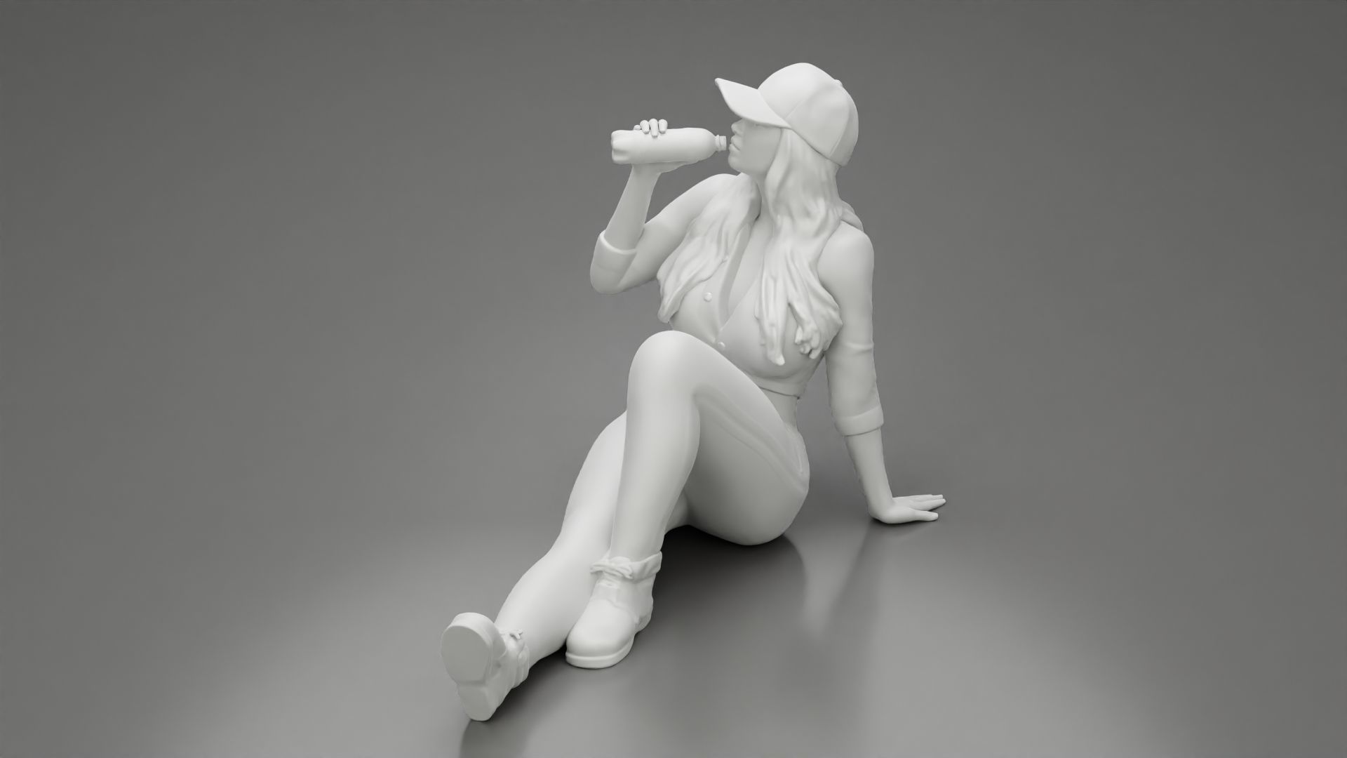 Tired woman mechanic in cap sitting and drinking water 3D print model_10