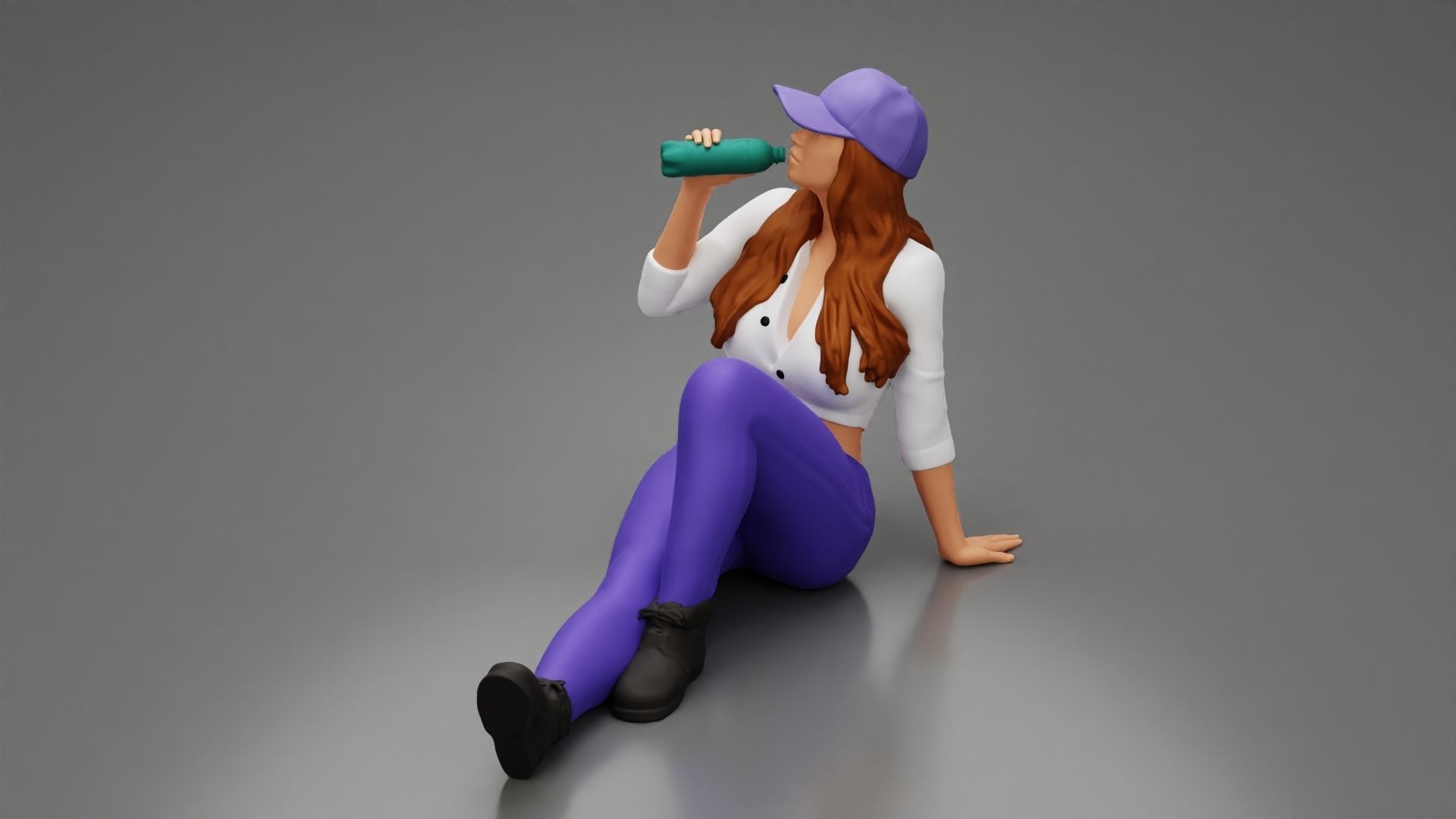 Tired woman mechanic in cap sitting and drinking water 3D print model_4