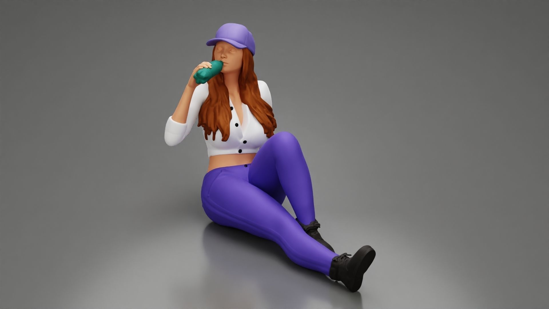 Tired woman mechanic in cap sitting and drinking water 3D print model_5