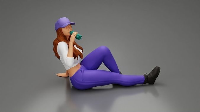 Tired woman mechanic in cap sitting and drinking water 3D print model