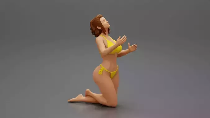 Sexy girl in bikini with hairstyle sitting on her knees