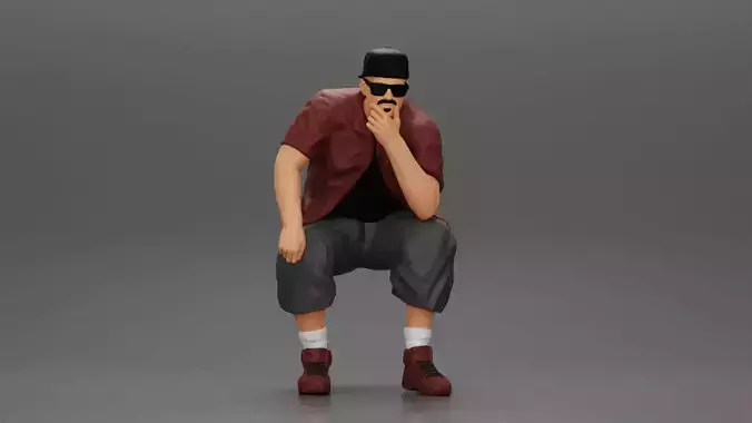 Fat Gangster in cap and sunglasses sitting and thinking