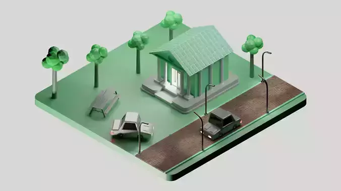 Low poly Isometric 3d Bank with cartoon car