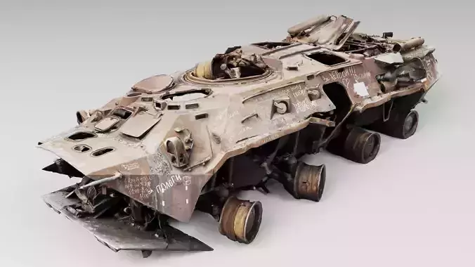 Destroyed BTR-80 wheeled amphibious armoured personnel carrier 