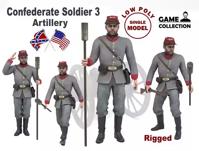 Confederate Soldier 3 - Artillery Low-poly 3D model