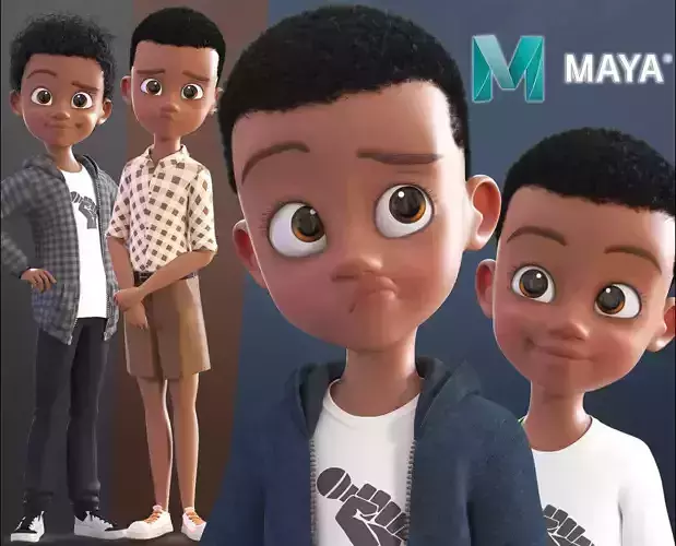 Cartoon Afro Boy 2 - Toon Rigged Child Character Maya 3D model