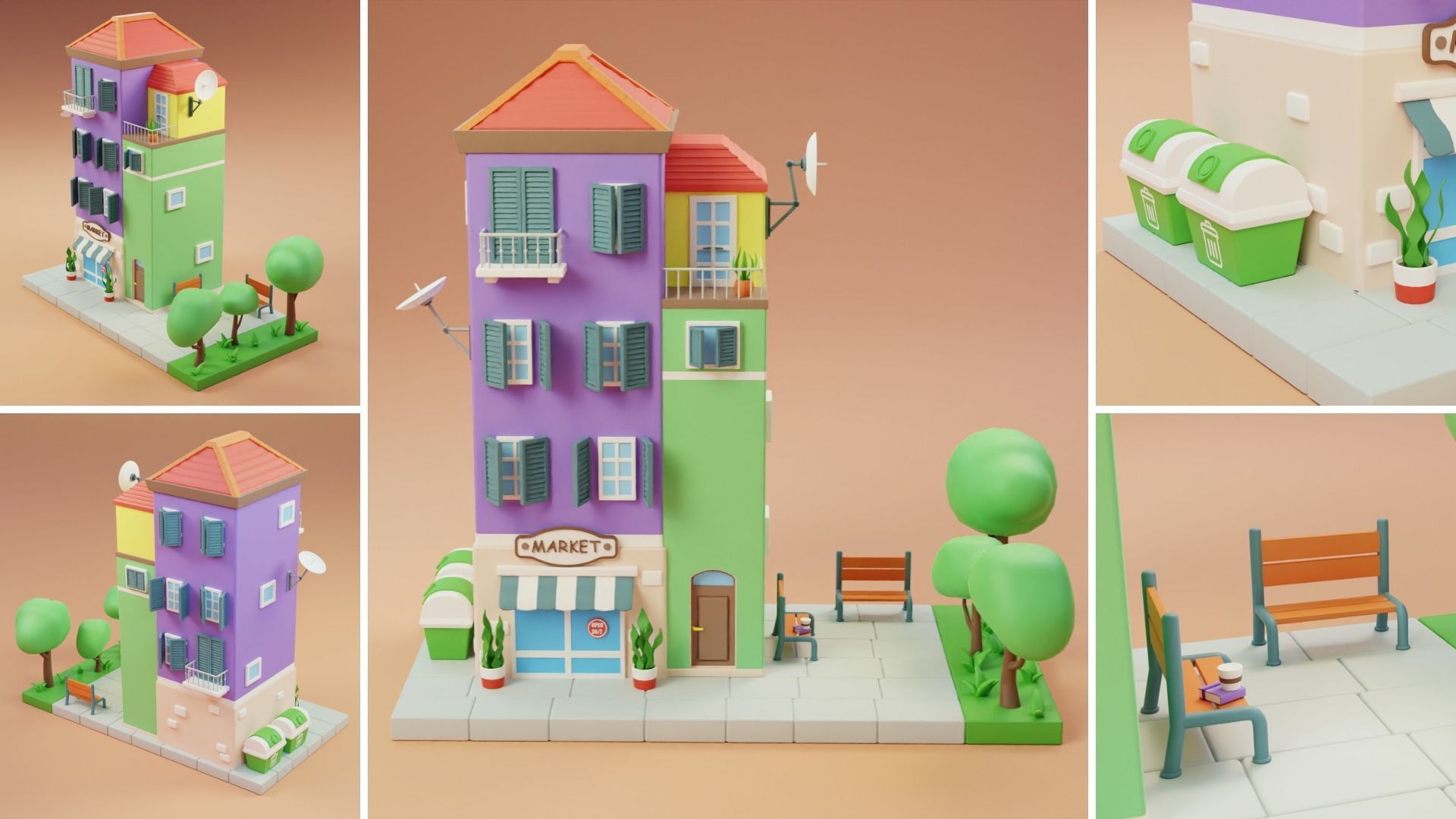 Cartoon City Islands Exteriors Low-poly 3D model_4