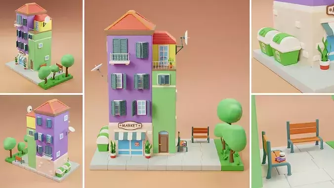 Cartoon City Islands Exteriors Low-poly 3D model 4
