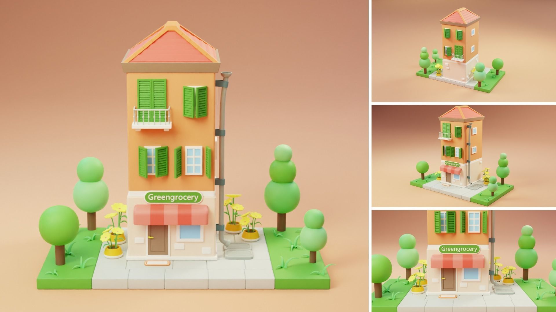 Cartoon City Islands Exteriors Low-poly 3D model_12